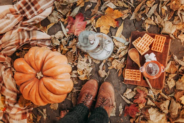 Büyük balkabağı, retro botlar, fener, waffle, ahşap zemin üzerinde şeker, battaniye ve yapraklı düz kompozisyon
