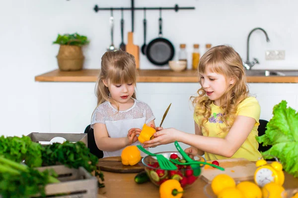 Aranyos Gyerekek Kishúgok Két Kedves Lány Salátát Főz Konyhában — Stock Fotó