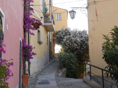 Antik Cervo köyünün tarihi merkezinde tipik bir cadde. Üzerinde renkli binalar arasındaki kemerlerle taş kaldırımlar var.
