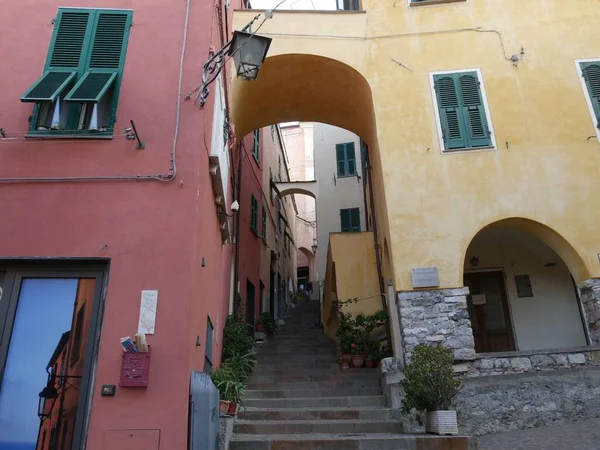 Typical Street Historic Center Ancient Village Cervo Stone Staircase Topped — Stock Photo, Image