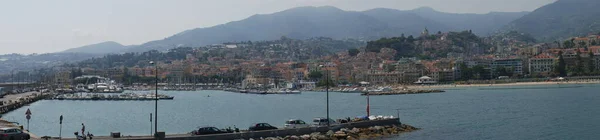 Sanremo Boats Marina Panorama Pigna Old Town Hill Background — Stock Photo, Image