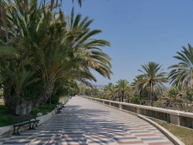 Sanremo sahil boyunca palmiye ağaçları ve beyaz-kırmızı satranç kaldırımı arasında geziniyor. 