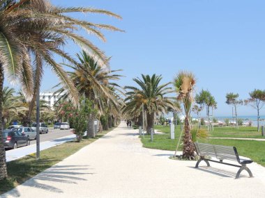 Kumsal boyunca ve palmiye ağaçları arasında bisiklet yolu ve yaya alanı ile Grottammare geziniyor.