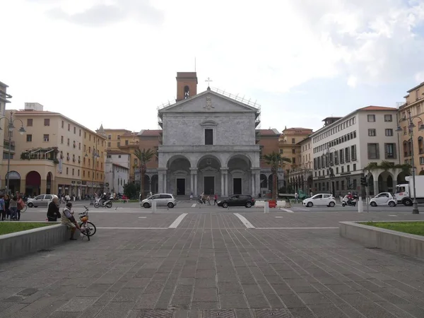 Livorno Kathedraal Van Sint Franciscus Van Assisi Gevel Met Een — Stockfoto