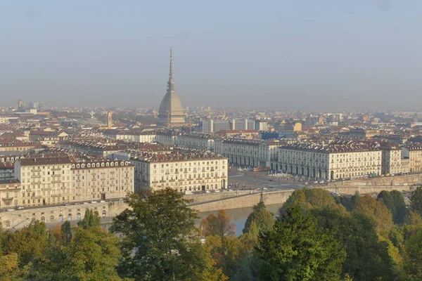 Turin Panorama Från Cappuccini Kyrka Med Floden Murazzi Vittorio Veneto — Stockfoto