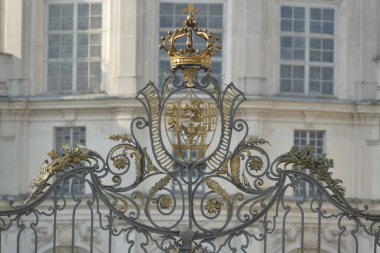 Nichelino, arka planda altın madalyalı demir kapıya ve Stupinigi av kulübesine yakın çekim yapıyor.