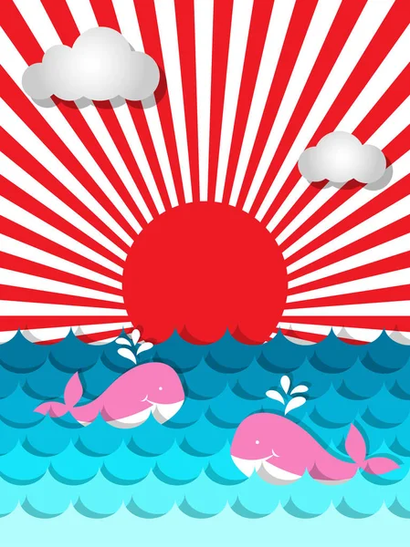 ピンクのクジラ、太陽と夏の雲と海で泳いで — ストックベクタ