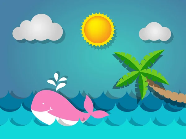 Pink whale swimming in the sea and coconut tree with the sun for — Stock Vector