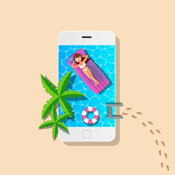 Мобильный и плавательный бассейн с женщиной отдыха — стоковый вектор
