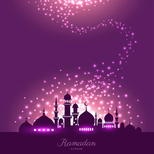 在夜晚的天空和魔术光为斋月的清真寺剪影是 — 图库矢量图片