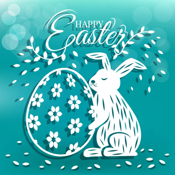 Carino coniglietto e uovo per il giorno di Pasqua biglietto di auguri — Vettoriale Stock