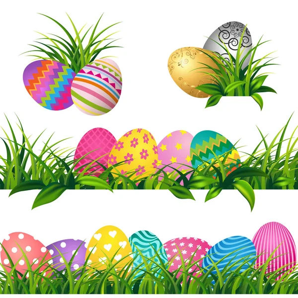 Colorful eggs and Spring green grass Borders Set for Easter day — Stock Vector