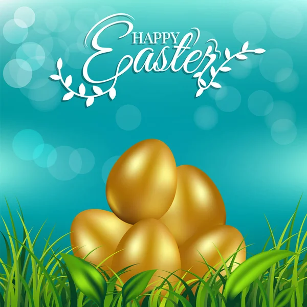 Guld ägg på färsk våren gräs för påsken dag gratulationskort — Stock vektor