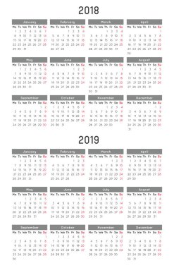 Takvim şablonu 2018 ve 2019