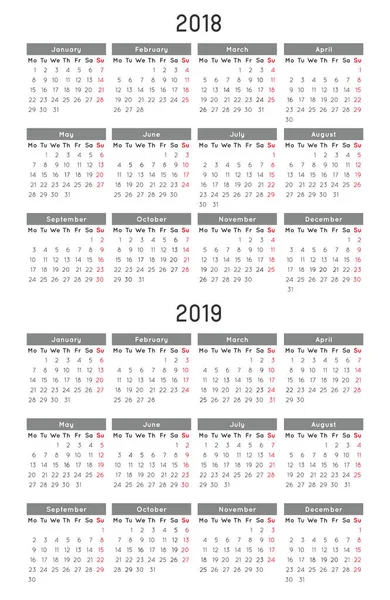 Modello di calendario 2018 e 2019 — Vettoriale Stock