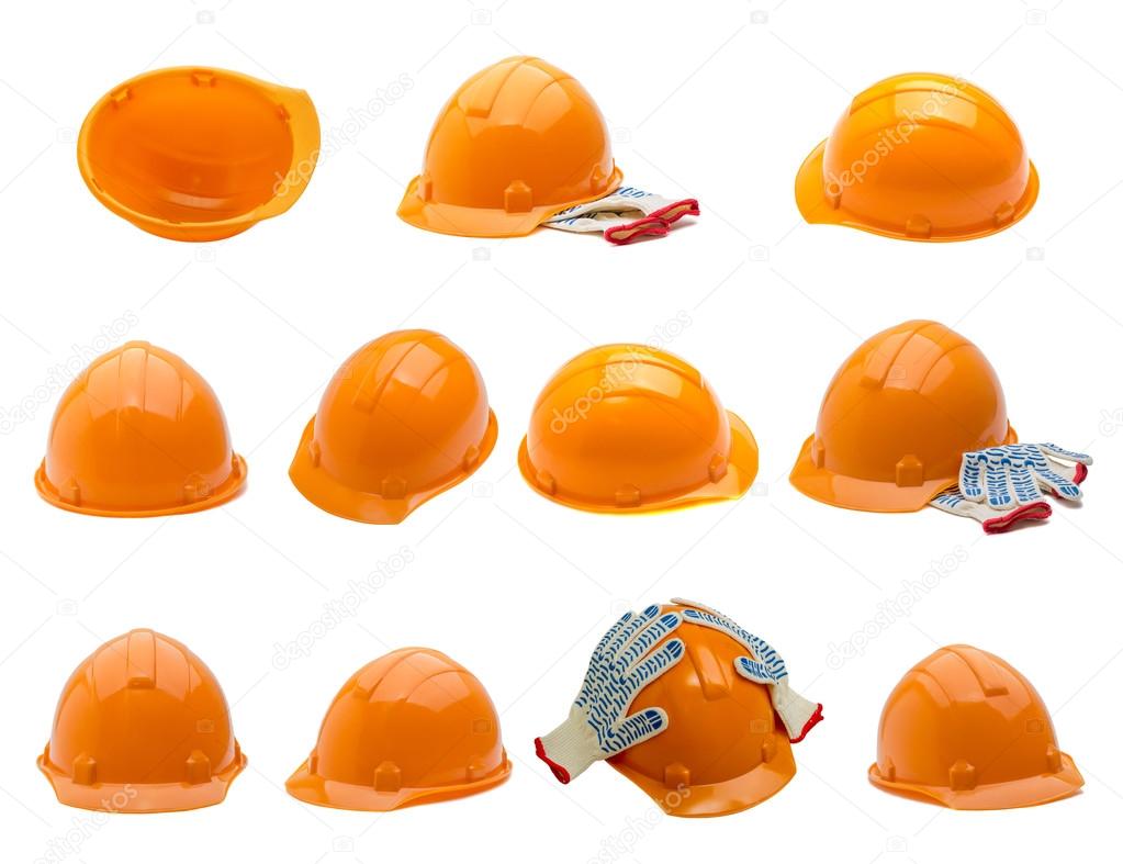 Safety helmet collection on white background