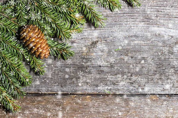 Green tree branches with pine cones on wooden table free space — Stock Photo, Image