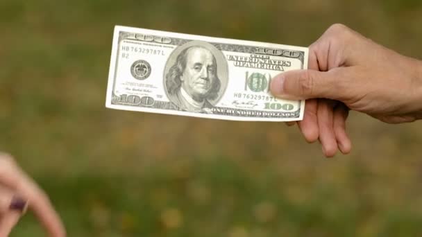 Homem e mulher puxando os lados de uma nota de dólar — Vídeo de Stock