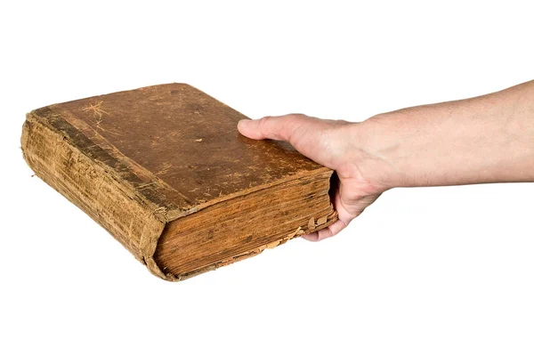 Hand hält ein altes Buch auf weißem Hintergrund — Stockfoto