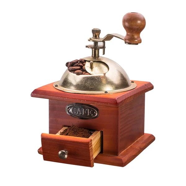 Manual coffee grinder with coffee beans isolated — Stock Photo, Image