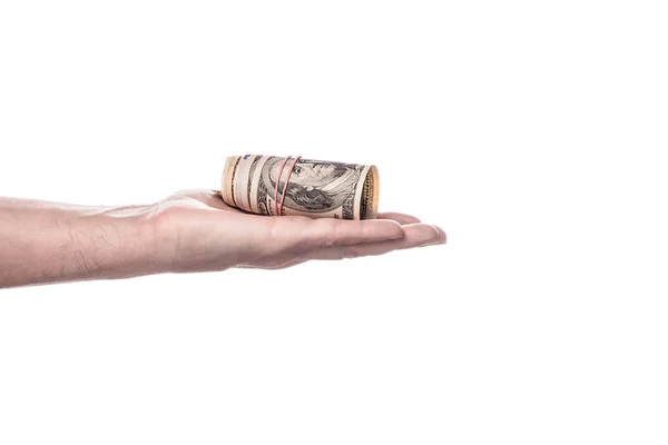 Pengar i handen, isolerad på vit bakgrund — Stockfoto