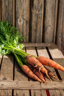 taze havuç grup eski ahşap zemin üzerinde