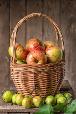 Taze olgun elma sepeti rustik masada
