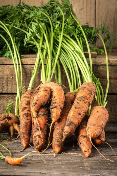 Frische Bio-Karotten auf Holzgrund — Stockfoto