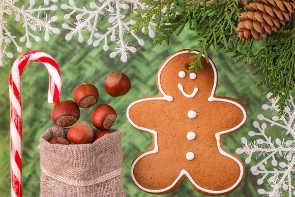 Gingerbread homemade man.  Christmas Card. — Stock Photo, Image