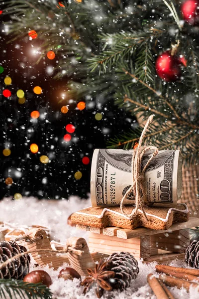 Money Christmas  Gift with wooden sled. — Stock Photo, Image