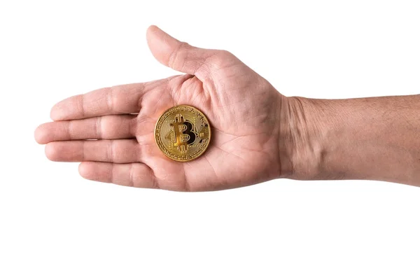 Mano celebración de oro Bitcoin, moneda dinero virtual —  Fotos de Stock