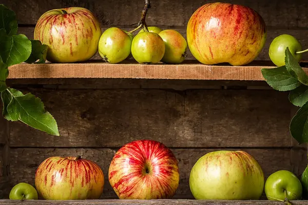 Manzanas rojas y verdes en la vieja mesa rústica —  Fotos de Stock
