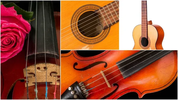 Foto de instrumentos musicais, violão e violino . — Fotografia de Stock