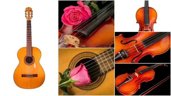 Foto de instrumentos musicais, violão e violino . — Fotografia de Stock