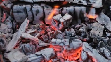 Parlayan bir kömür manzaraya kapatın ve barbekü ızgara alev