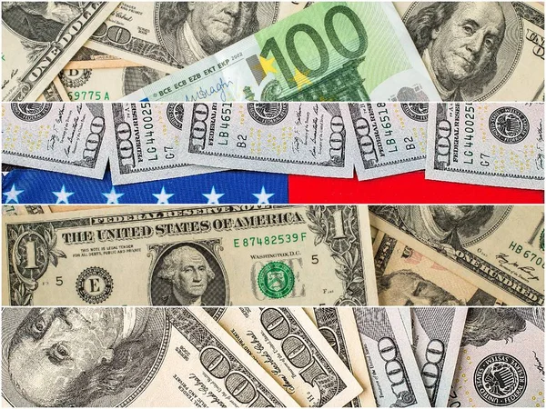 Recolha de papel-moeda misto, dólar e euro . — Fotografia de Stock