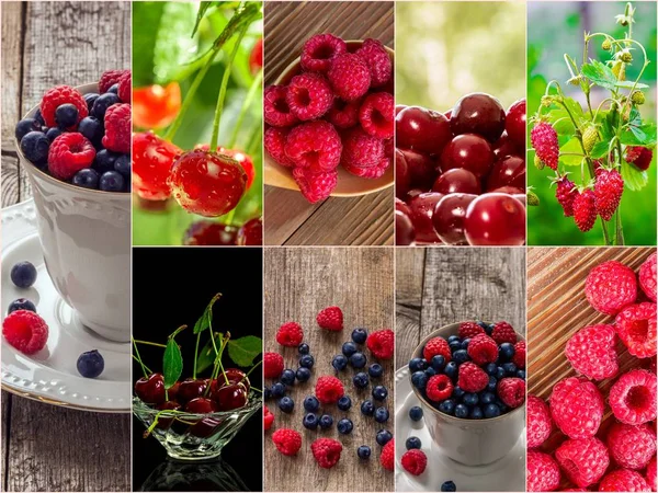 Kleurrijke collage van verschillende vruchten en bessen — Stockfoto
