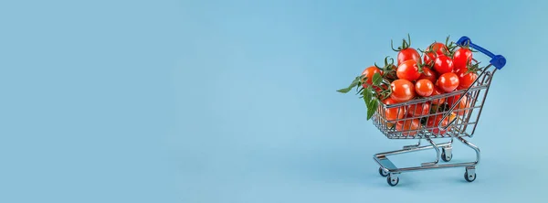 Soczyste pomidory w koszyku na niebieskim tle — Zdjęcie stockowe