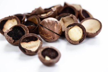 Beyaz üzerine izole edilmiş macadamia fındığı yığını..