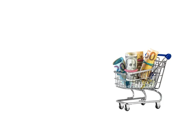 Shopping cart full of money isolated on white background — Stock Photo, Image