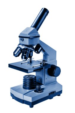Blue microscope on a white background toned in trendy Classic Bl