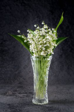 Karanlık bir arka planda cam bir vazoda vadideki bir buket narin zambak. Vazoda duran güzel bahar çiçekleri.