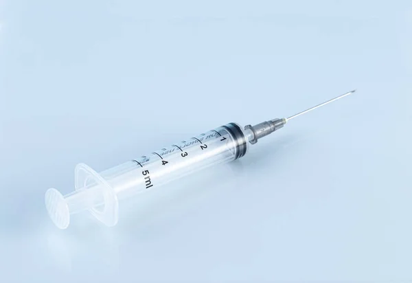 Medical Plastic Syringe Needle Blue Background Therapy Concept Selective Focus — Stock Photo, Image