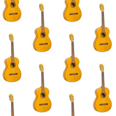 Beyaz arka planda kusursuz akustik gitar deseni. Müzik aleti olan bir model. Minimalist müzik konsepti. gitar izi