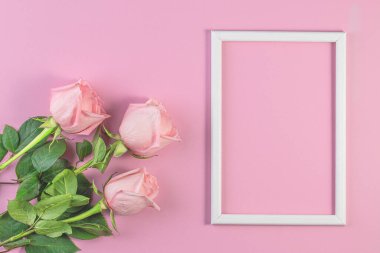 Pastel pembe arka planda pembe güller. Doğum günü, anneler, sevgililer günü, kadınlar, düğün günü konsepti. Bahar mevsimi. Minimum Tatil Kompozisyonu. Boşluğu Kopyala