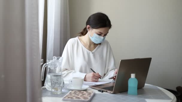 Ernstige Jonge Vrouw Freelancer Medische Beschermende Masker Werken Vanuit Huis — Stockvideo