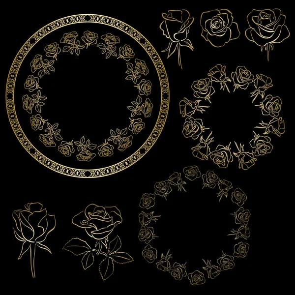 Золотые розы и рамы цветов - векторный цветочный набор — стоковый вектор