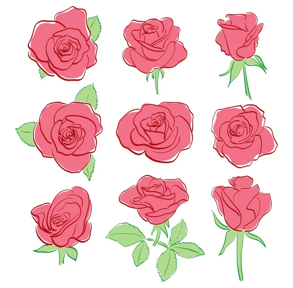 Red beautiful roses - vector set - hand-drawing — Stock vektor