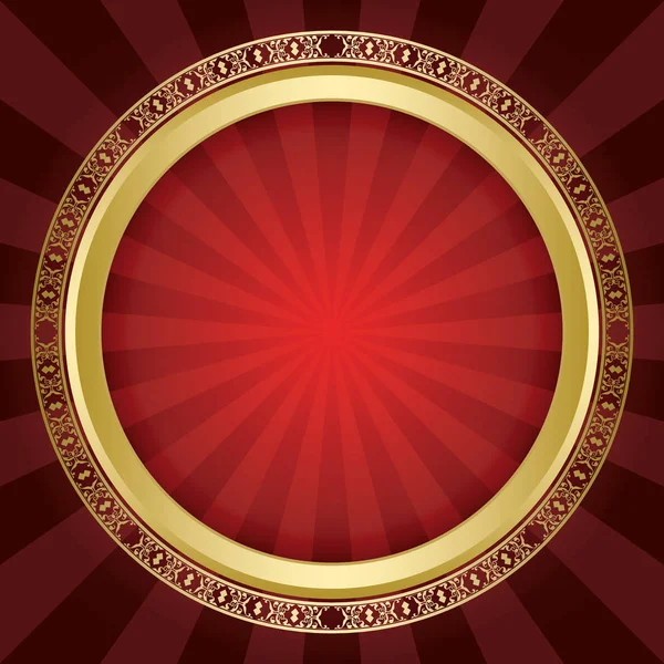 Bright red background with gold ornamental frame and rays - vint — Stock Vector