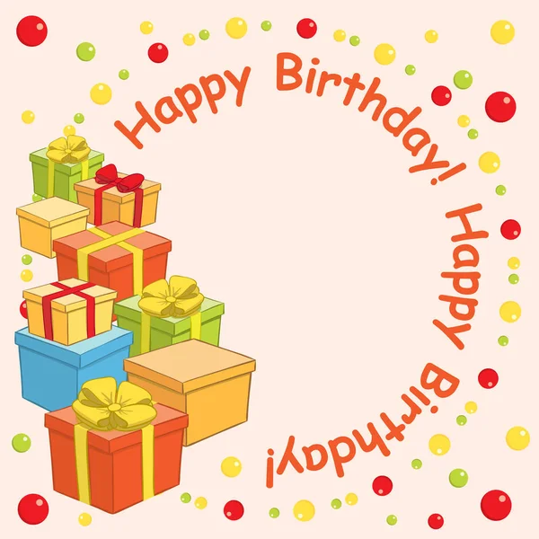 Feliz cumpleaños - vector de fondo con cajas de regalo y bolas — Vector de stock